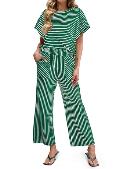⏰ LAST DAY SAVE 50% 💥Womens Striped Short Sleeve T Shirts Wide Leg Pants Matching Lounge Set