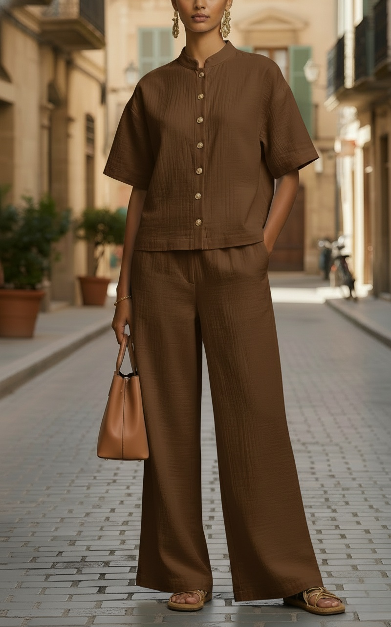 New Arrivals🔥Women's Lightweight Button-Up Top and Loose Wide-Leg Pants Set
