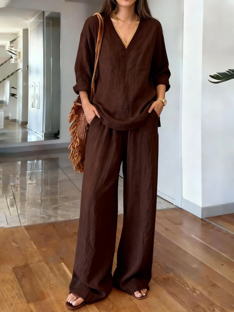 Women's Casual V- Neck Long Sleeve Set