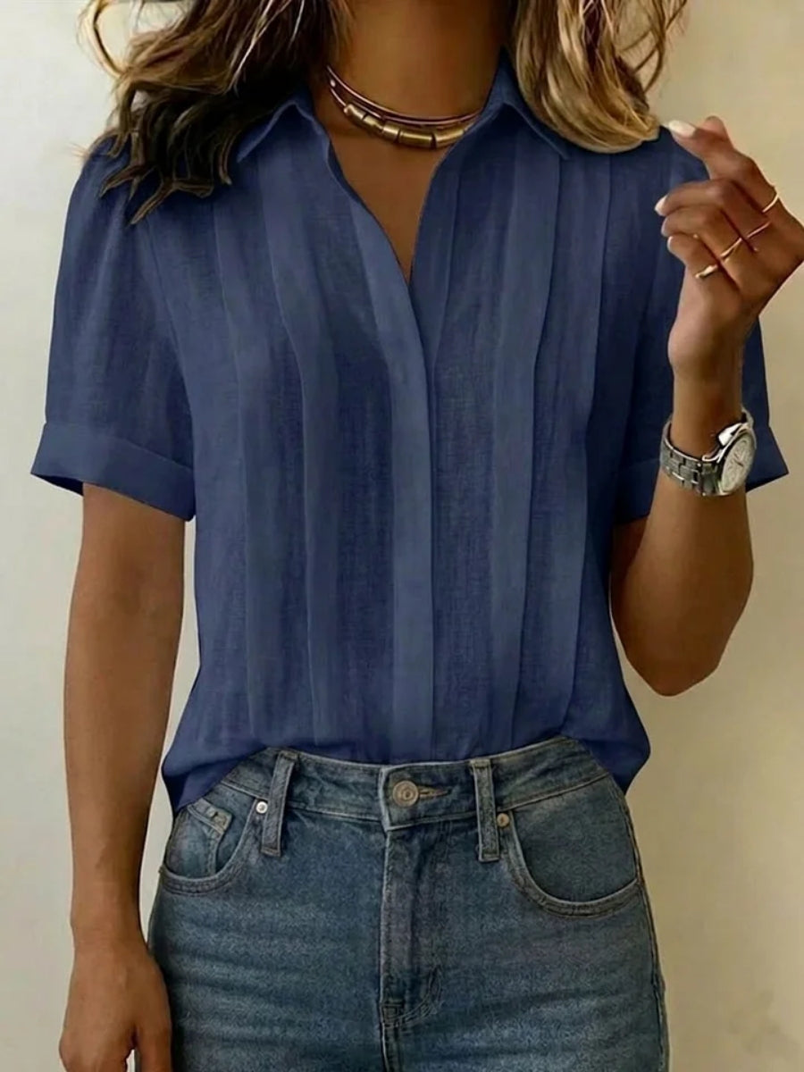 Clearance Sale🔥 Women's Lapel Short-sleeved Casual Loose Pleated Cotton And Linen Shirt