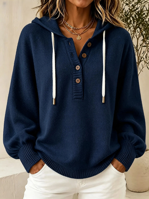 Women's Hooded Knit Sweater – Button Detail Soft Pullover Casual Jumper