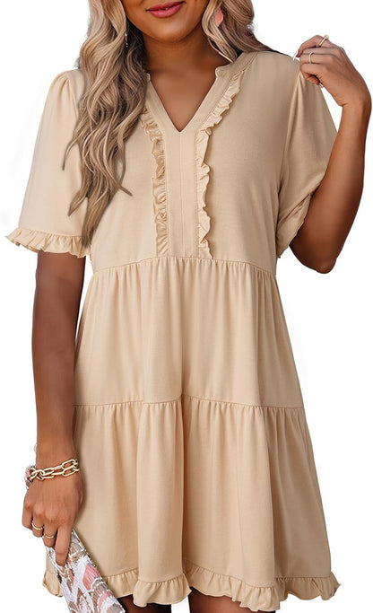 Womens Dresses 2025 Summer Spring V Neck Short Sleeve Casual A Line Flowy Swing Shift Dress Mini Dress