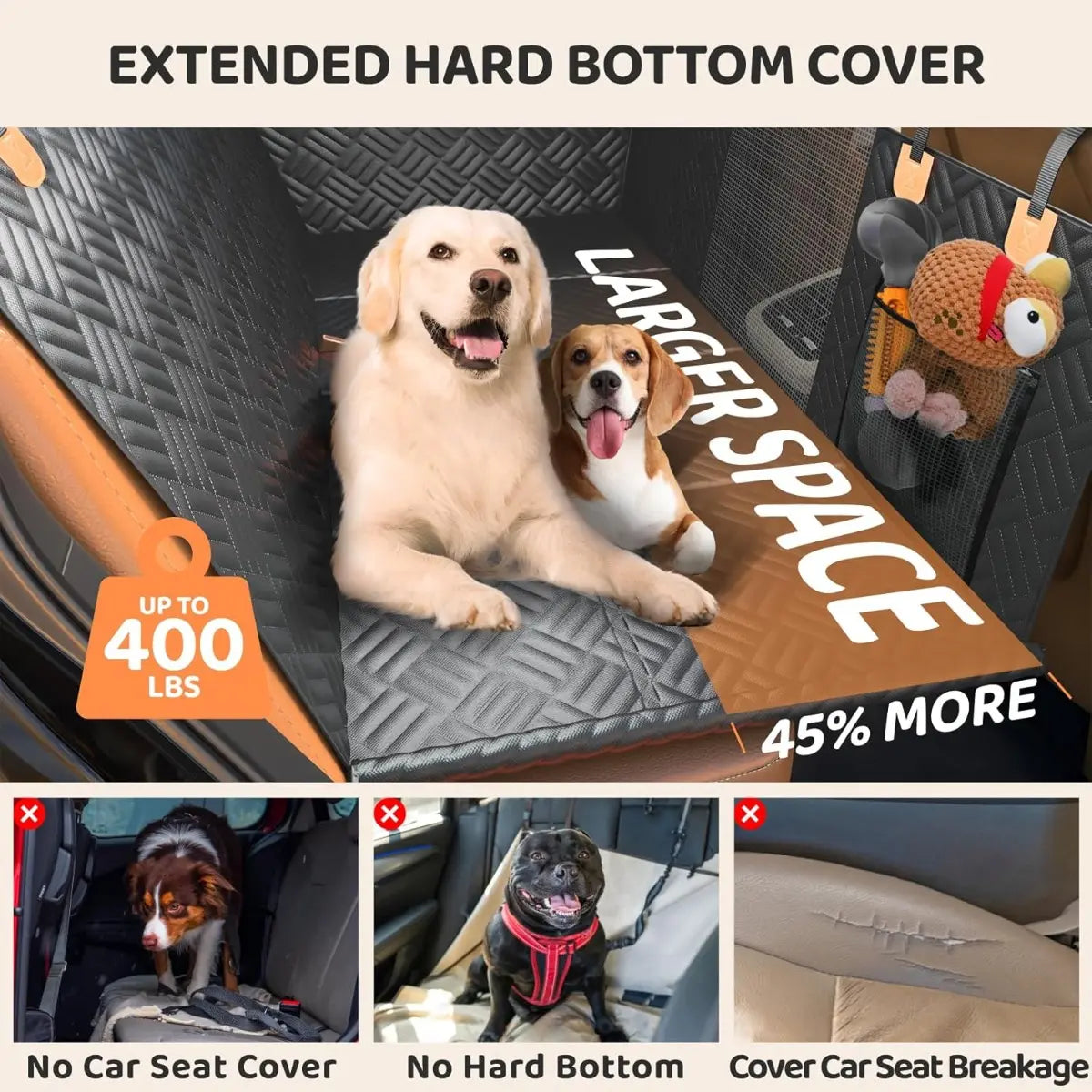 Dog Car Seat Cover with Hard Bottom Extender, Black Quilted