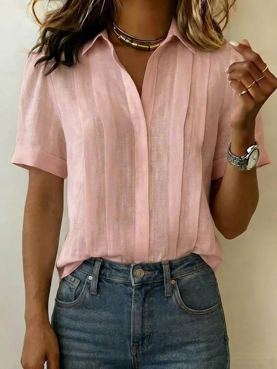 Clearance Sale🔥 Women's Lapel Short-sleeved Casual Loose Pleated Cotton And Linen Shirt