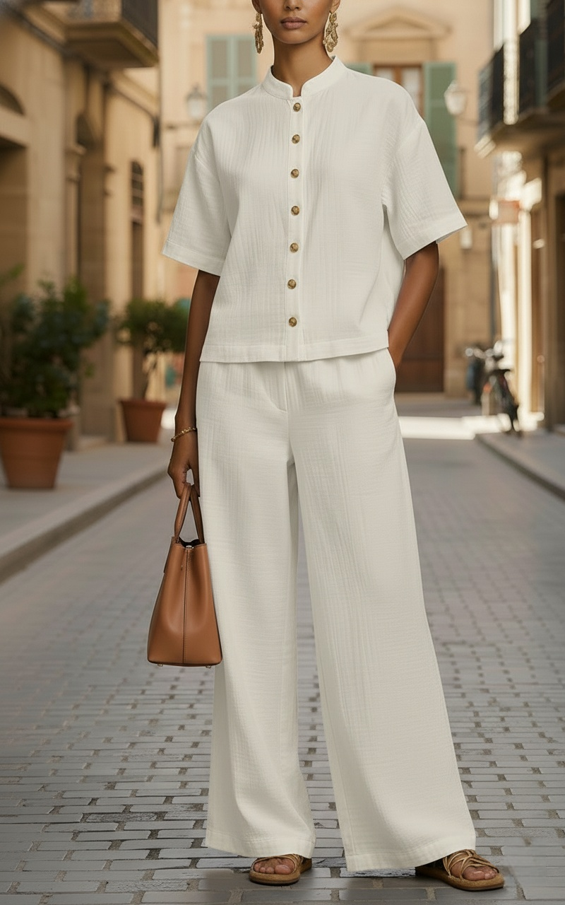New Arrivals🔥Women's Lightweight Button-Up Top and Loose Wide-Leg Pants Set