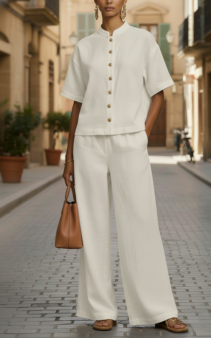 New Arrivals🔥Women's Lightweight Button-Up Top and Loose Wide-Leg Pants Set
