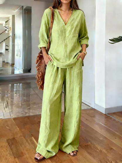 Women's Casual V- Neck Long Sleeve Set