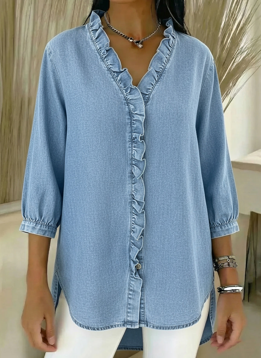 New Arrivals🔥 Women's Casual Denim V-Neck Ruffled Shirt