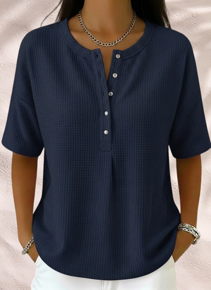 New Arrivals🔥Women’s Casual Loose Waffle Round-neck Buttoned Henley Shirt