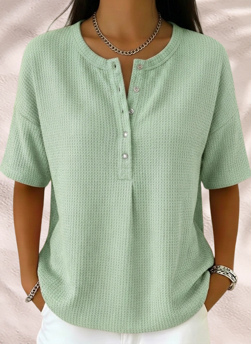 New Arrivals🔥Women’s Casual Loose Waffle Round-neck Buttoned Henley Shirt