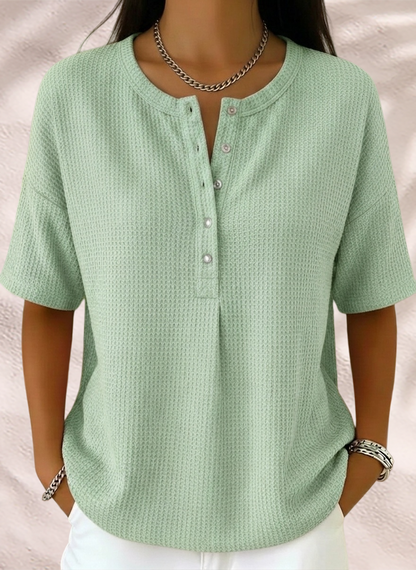 New Arrivals🔥Women’s Casual Loose Waffle Round-neck Buttoned Henley Shirt