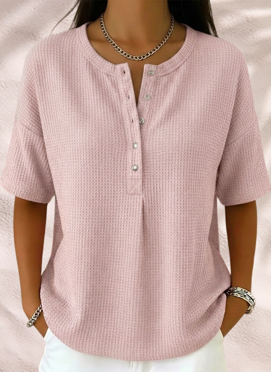 New Arrivals🔥Women’s Casual Loose Waffle Round-neck Buttoned Henley Shirt