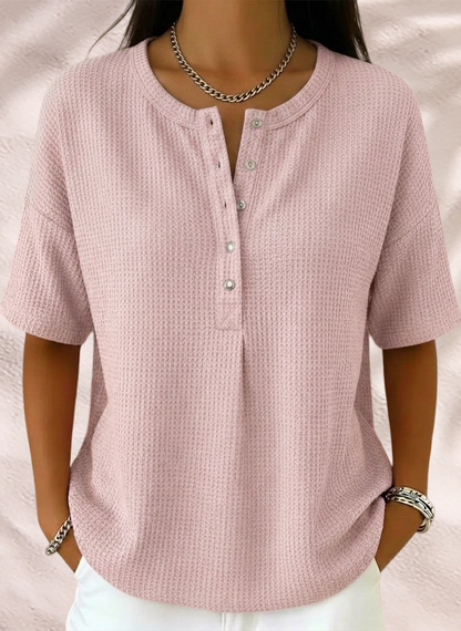 New Arrivals🔥Women’s Casual Loose Waffle Round-neck Buttoned Henley Shirt