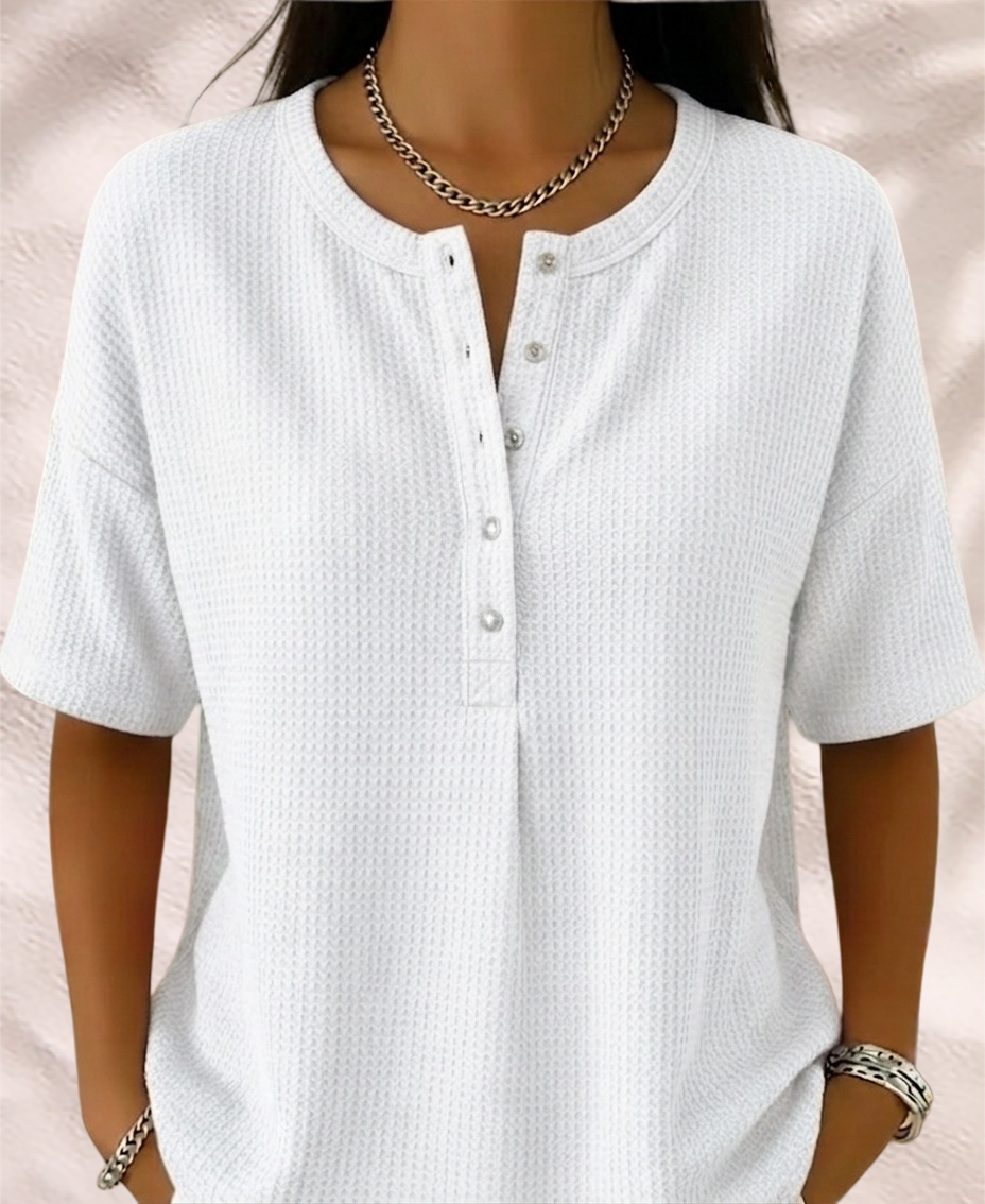 New Arrivals🔥Women’s Casual Loose Waffle Round-neck Buttoned Henley Shirt