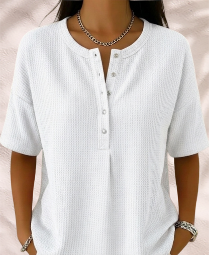 New Arrivals🔥Women’s Casual Loose Waffle Round-neck Buttoned Henley Shirt