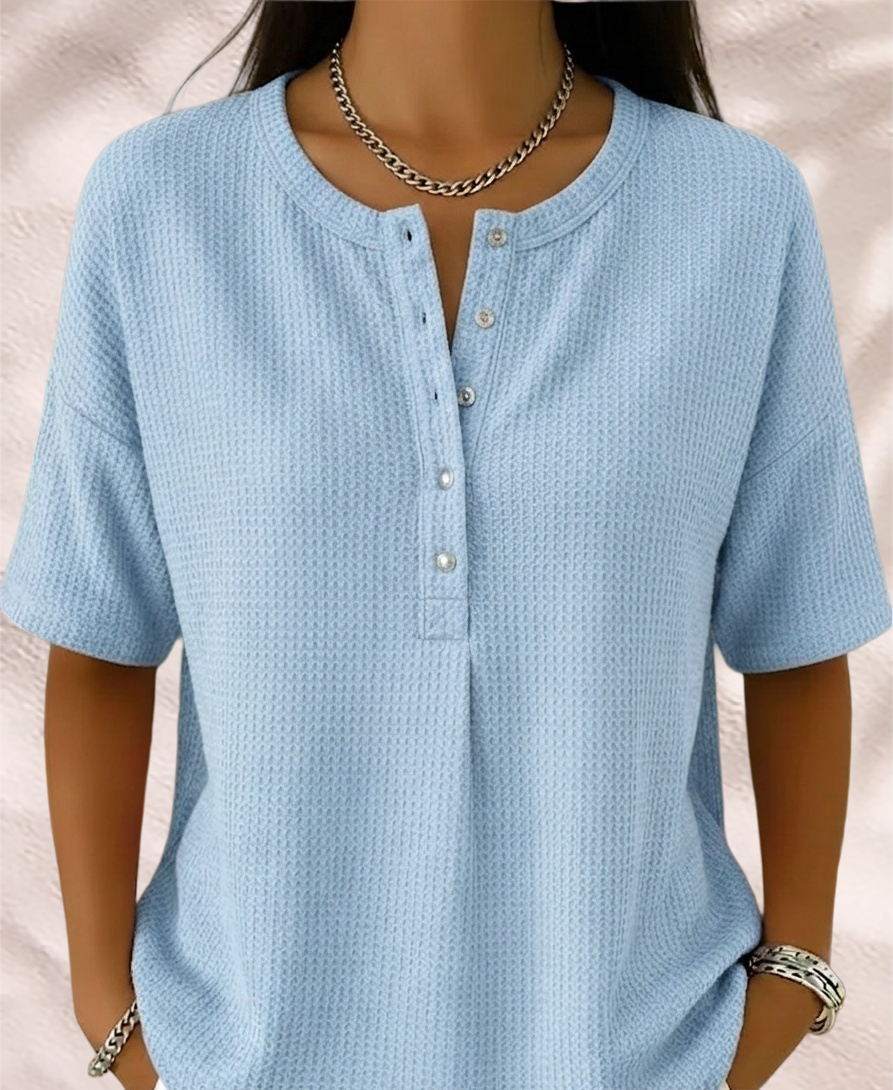 New Arrivals🔥Women’s Casual Loose Waffle Round-neck Buttoned Henley Shirt