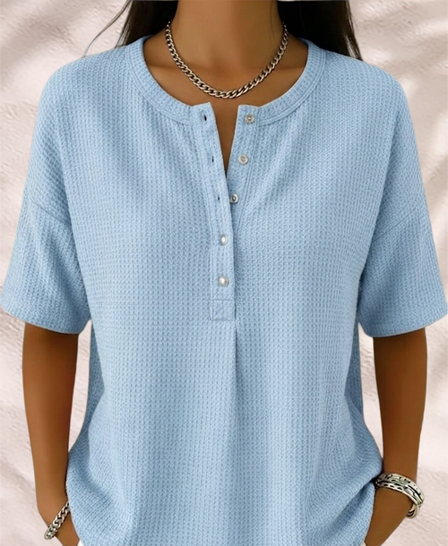 New Arrivals🔥Women’s Casual Loose Waffle Round-neck Buttoned Henley Shirt