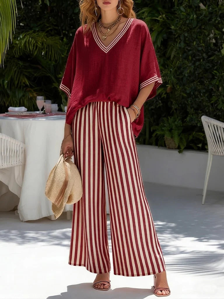New Arrivals🔥Loose-fit V Neck Striped Cotton Linen Two-piece Set