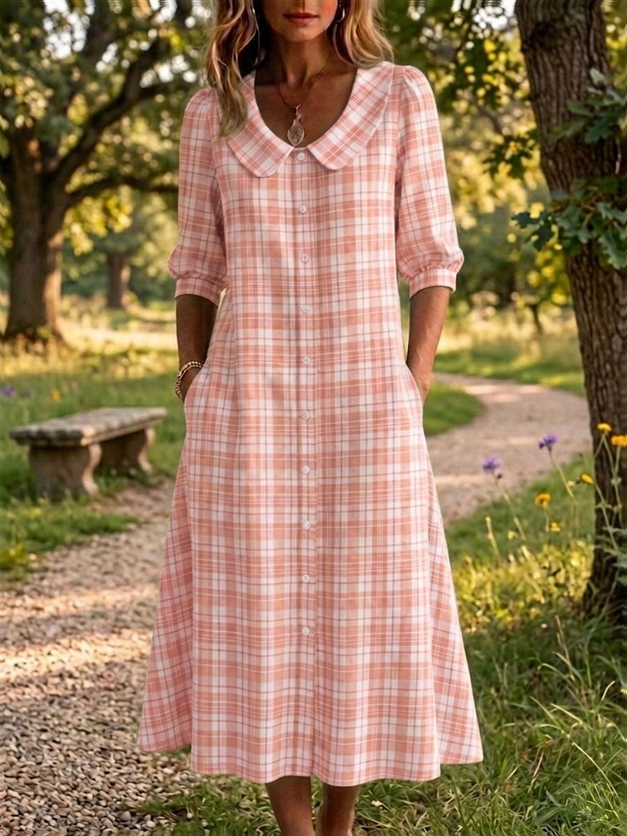 New Arrivals🔥 Women's Retro Peter Pan Collar Stripe Print Cotton Linen Dress