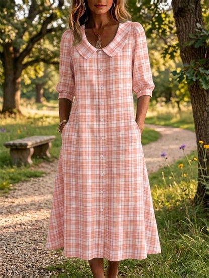 New Arrivals🔥 Women's Retro Peter Pan Collar Stripe Print Cotton Linen Dress
