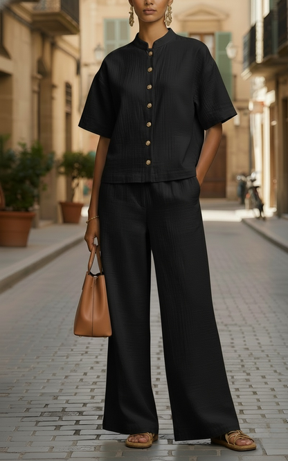 New Arrivals🔥Women's Lightweight Button-Up Top and Loose Wide-Leg Pants Set