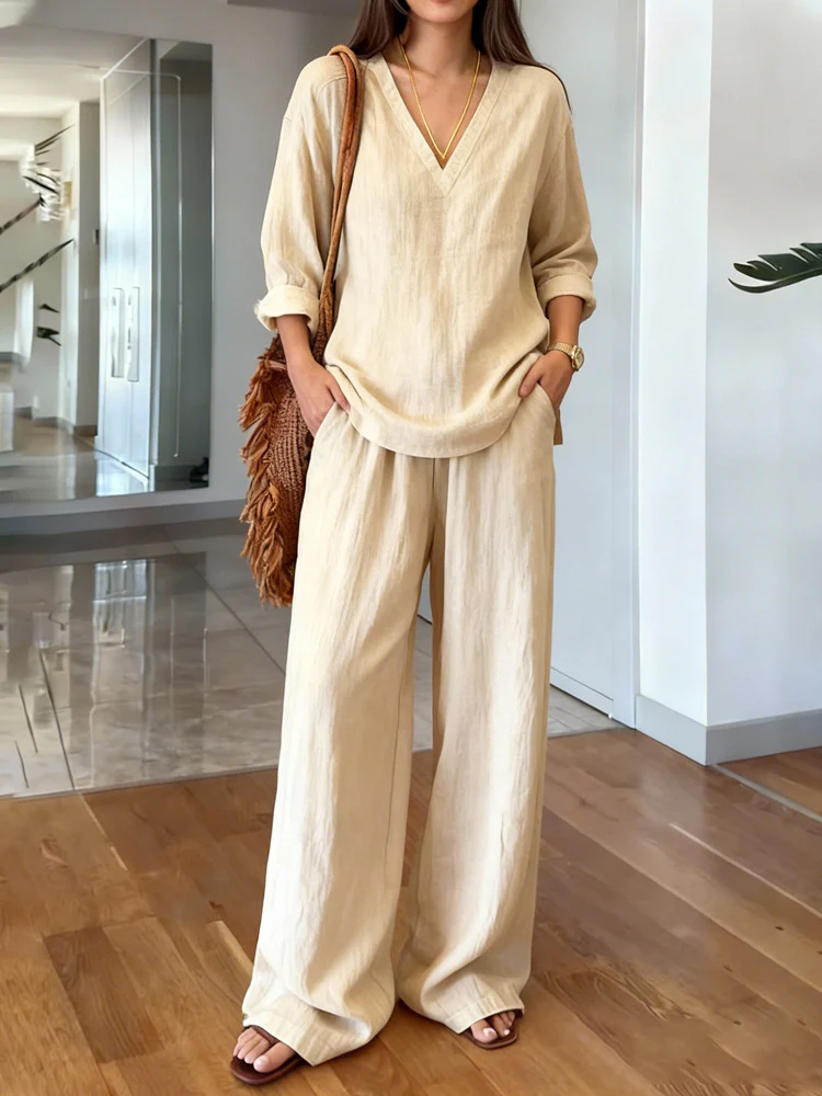 Women's Casual V- Neck Long Sleeve Set