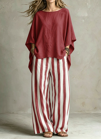 Women Relaxed Linen Stripe Wide-Leg Set