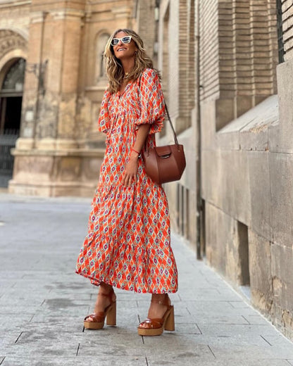 Puffy Sleeve Floral Pattern Elegant Boho Dress