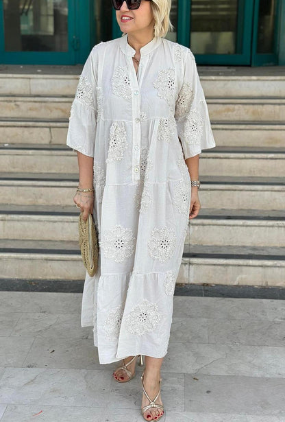 Solid color imported embossed scallop cotton dress
