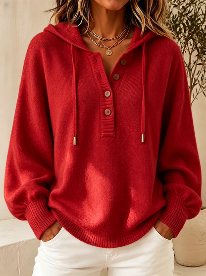 Women's Hooded Knit Sweater – Button Detail Soft Pullover Casual Jumper