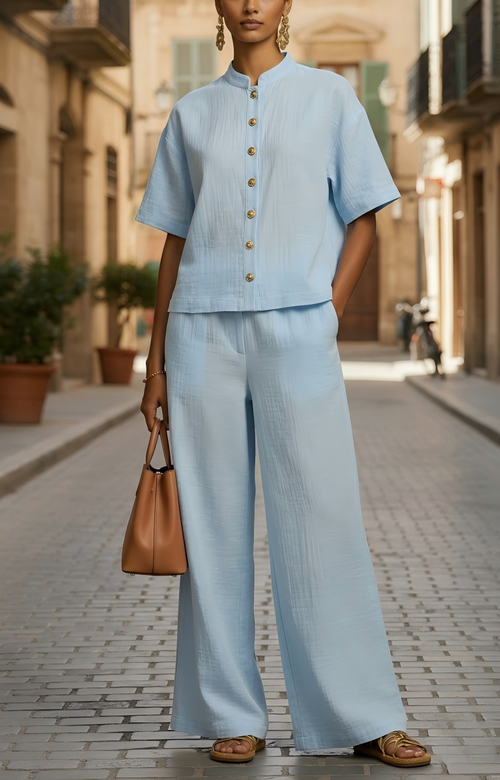 New Arrivals🔥Women's Lightweight Button-Up Top and Loose Wide-Leg Pants Set