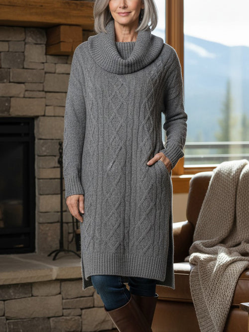 New Arrivals🔥 Legant Cowl Neck Long Sweater Dress - Flattering Cable Knit Winter Tunic With Side Slits & Pockets