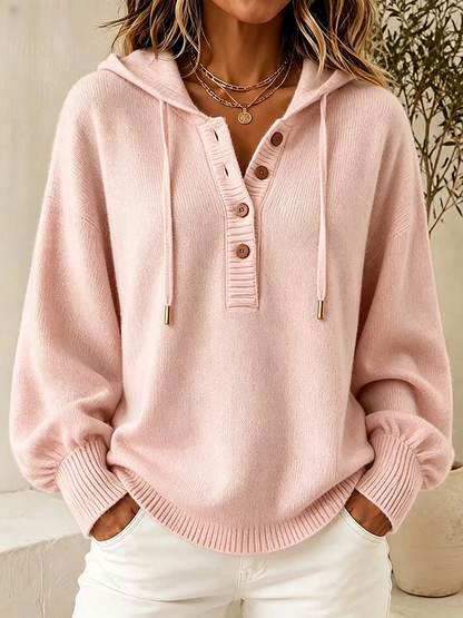 Women's Hooded Knit Sweater – Button Detail Soft Pullover Casual Jumper