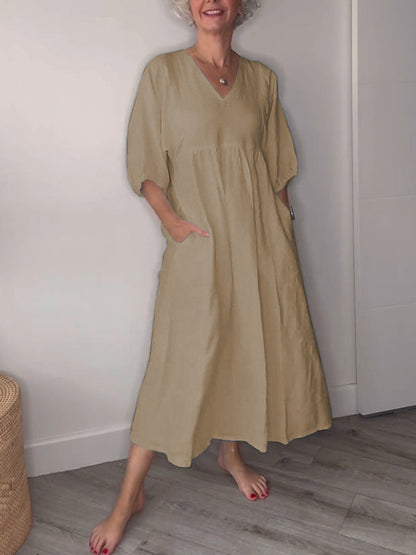 🔥Clearance Sale🔥 Women's Casual Fashion V-Neck Solid Color Mid-Length Sleeve Dress