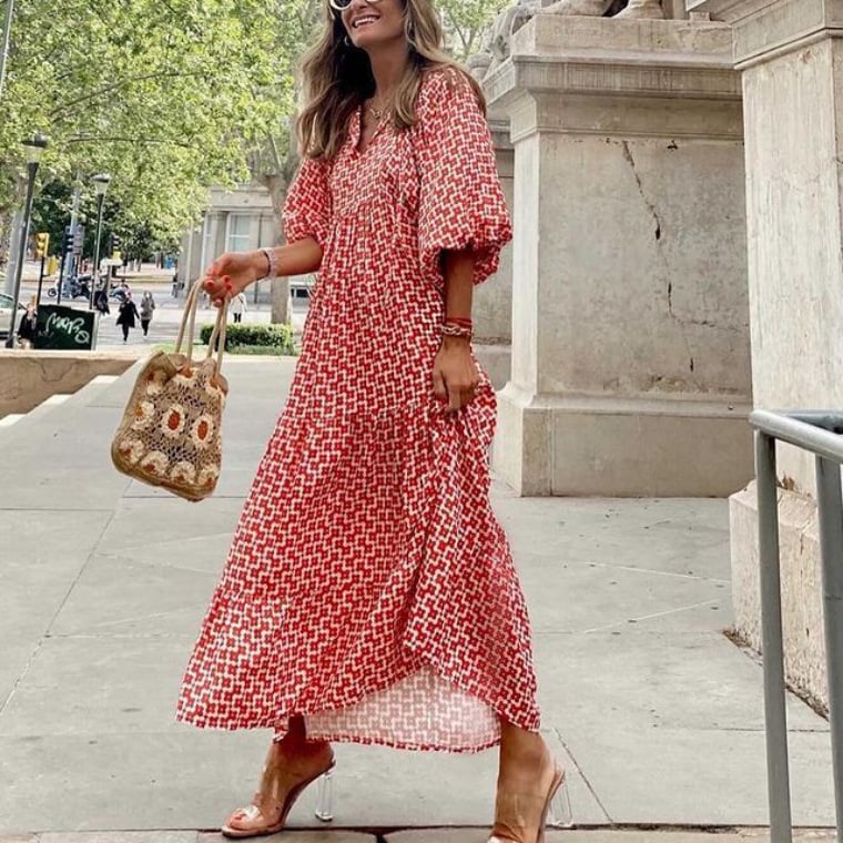 Puffy Sleeve Floral Pattern Elegant Boho Dress