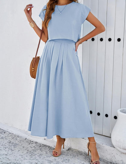 2025 Summer Skirt Sets Women 2 Piece Outfits Cap Sleeve Top Elastic Waist Maxi Dress Sets with Pockets