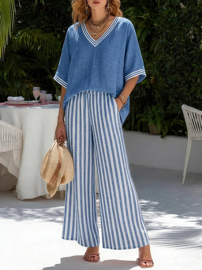 New Arrivals🔥Loose-fit V Neck Striped Cotton Linen Two-piece Set