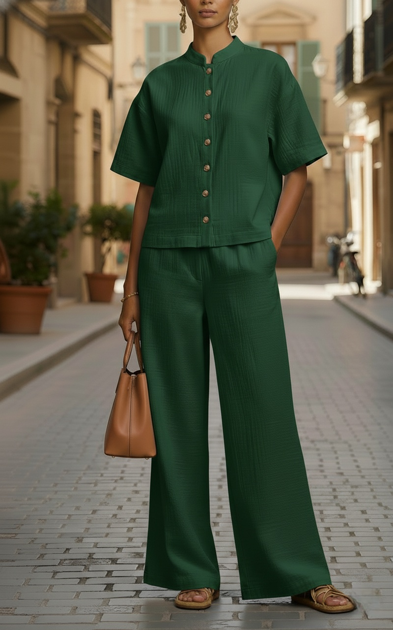 New Arrivals🔥Women's Lightweight Button-Up Top and Loose Wide-Leg Pants Set