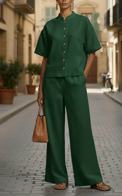 New Arrivals🔥Women's Lightweight Button-Up Top and Loose Wide-Leg Pants Set