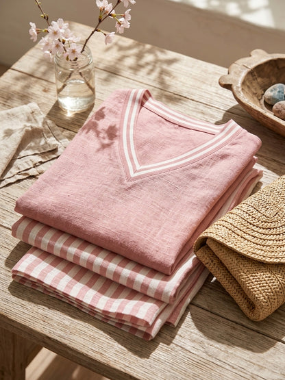 New Arrivals🔥Loose-fit V Neck Striped Cotton Linen Two-piece Set