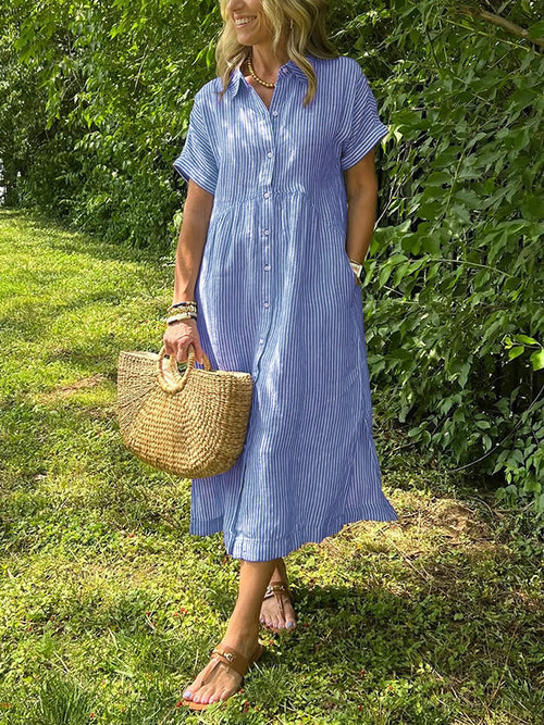 NEW🔥 Striped Lapel Button Down Shirt Dress