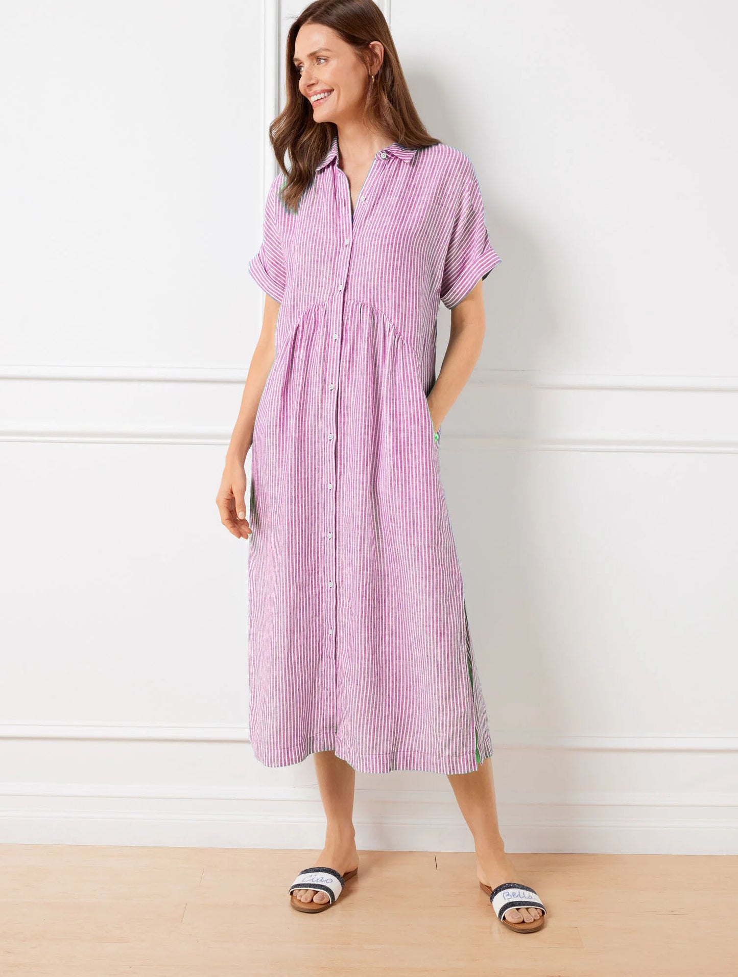 Drop Waist Linen Shirtdress - Happy Stripe
