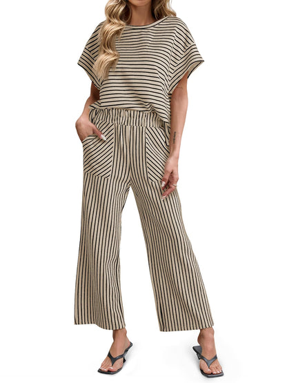 ⏰ LAST DAY SAVE 50% 💥Womens Striped Short Sleeve T Shirts Wide Leg Pants Matching Lounge Set