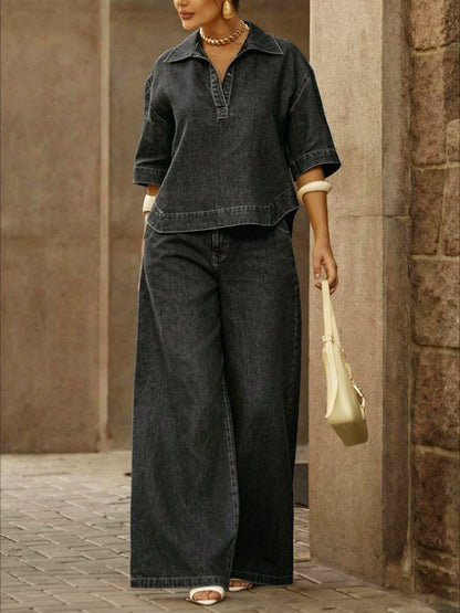 💝💝Women's Casual 100% Cotton Denim Top And Wide-leg Pants Two-piece Set