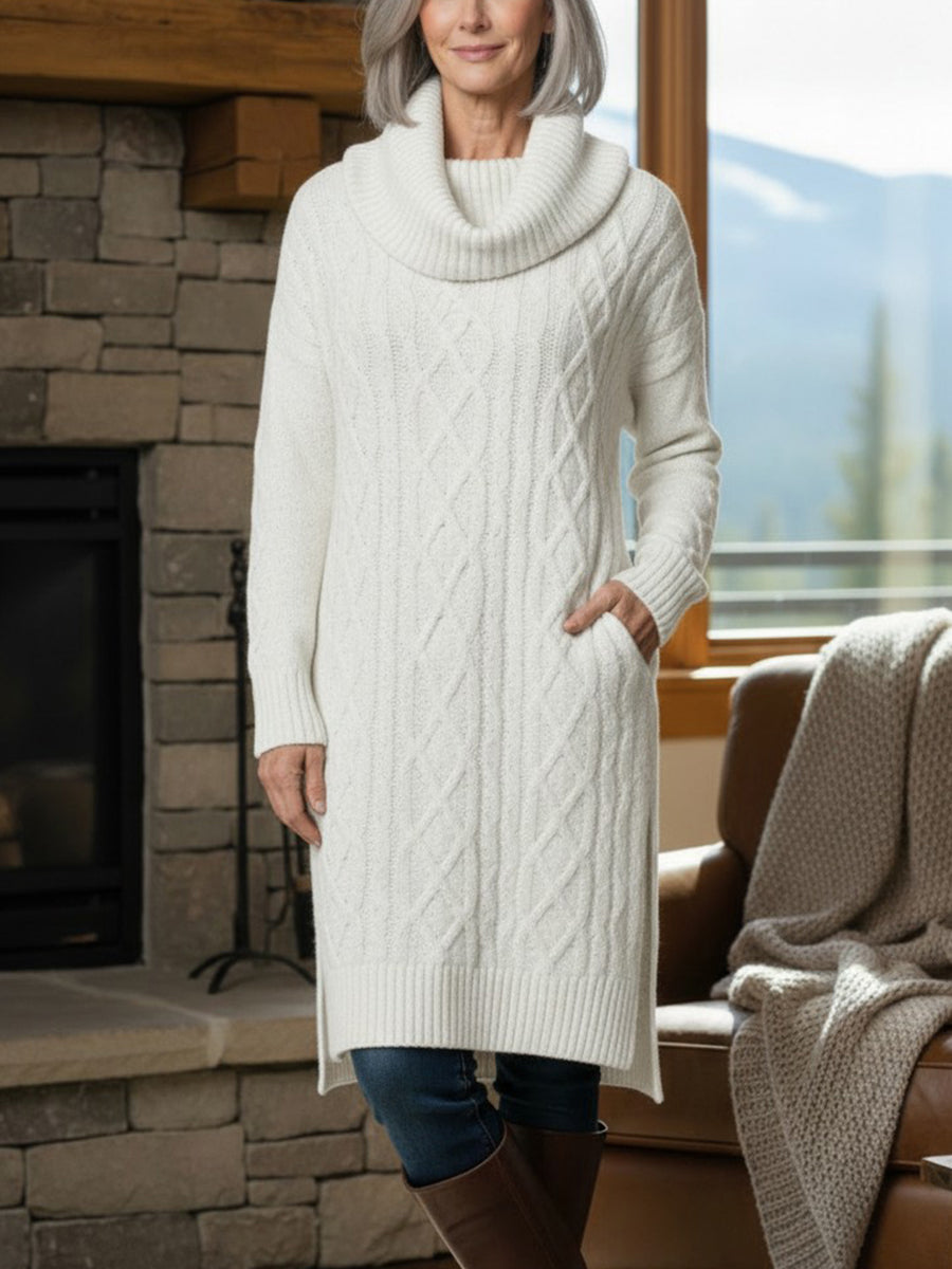New Arrivals🔥 Legant Cowl Neck Long Sweater Dress - Flattering Cable Knit Winter Tunic With Side Slits & Pockets