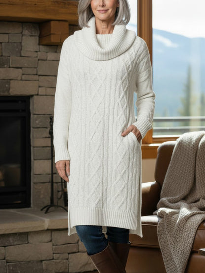 New Arrivals🔥 Legant Cowl Neck Long Sweater Dress - Flattering Cable Knit Winter Tunic With Side Slits & Pockets