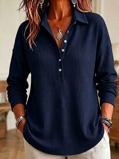 CLEARANCE SALE🔥 Women's Casual Waffle Knit Collared Henley Long Sleeve Shirt