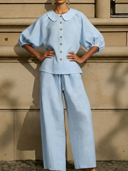 New Arrivals🔥Stylish Peter Pan Collar Shirt And Wide-leg Pant Linen Two-piece Set