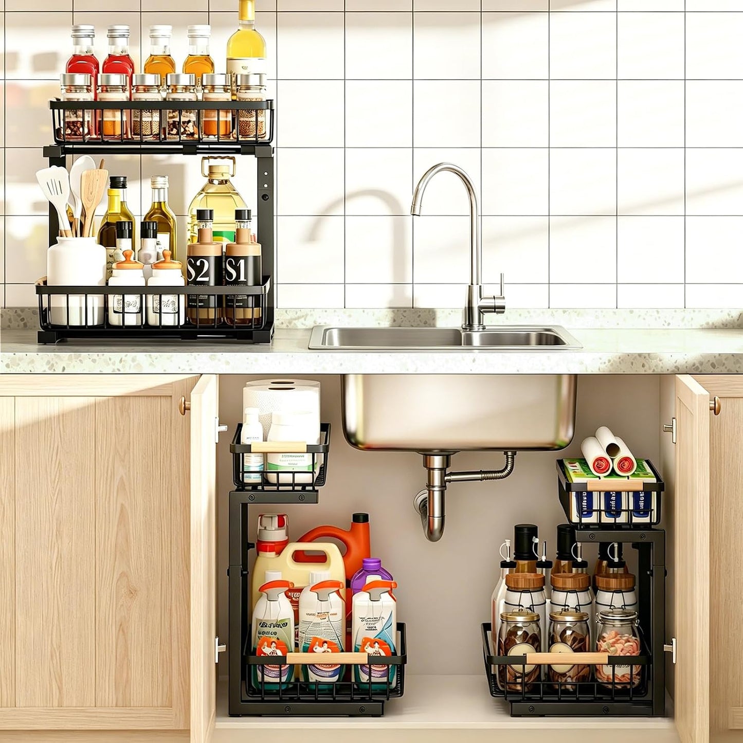 Under Sink Organizer, 2 Pack Height Adjustable Under Sink Organizers and Storage