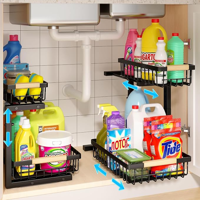 Under Sink Organizer, 2 Pack Height Adjustable Under Sink Organizers and Storage